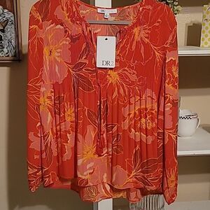 DR2 NEW floral pleated flowy blouse in red pink orange shirt Women's top XS